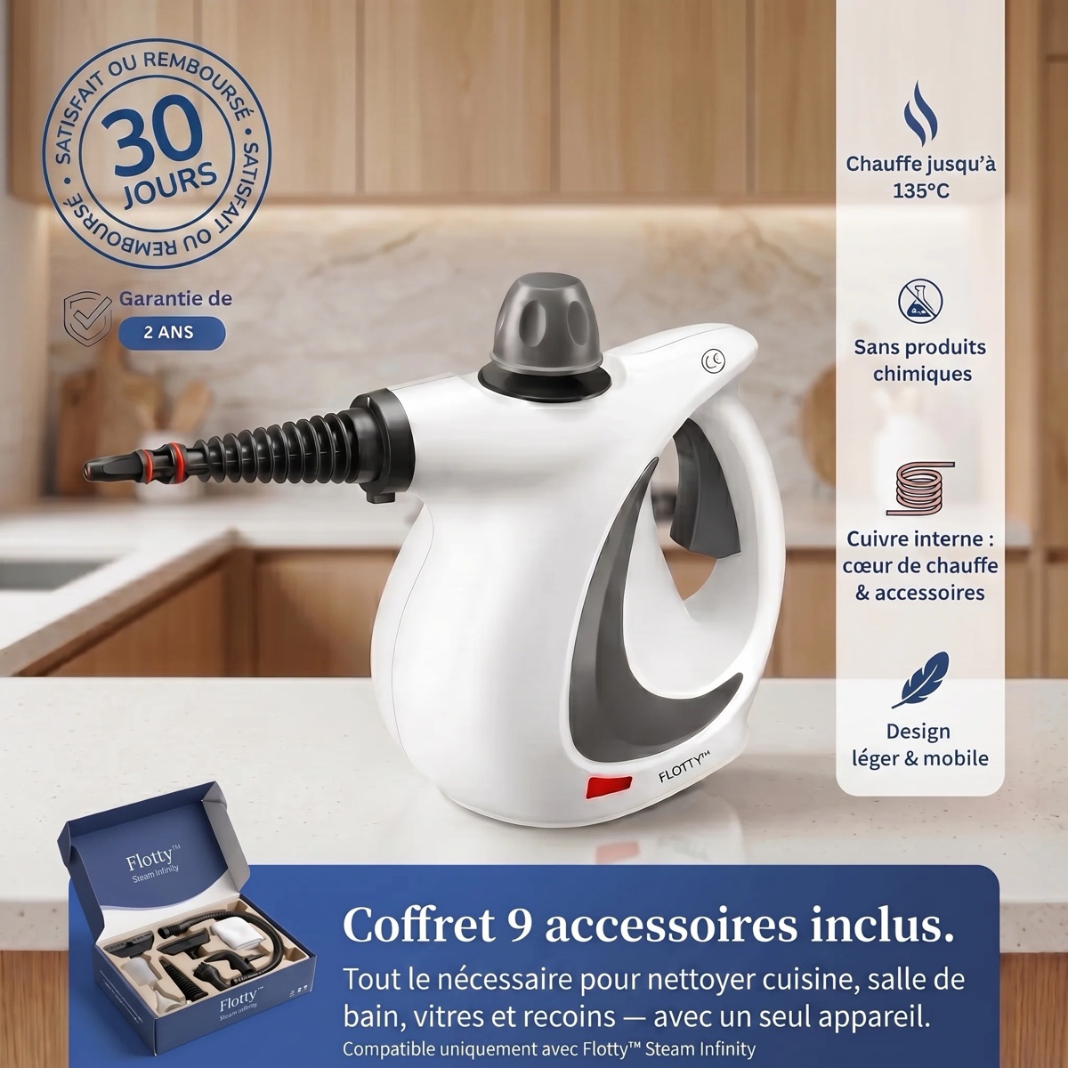 FLOTTY Steam Infinity : chauffe jusqu'à 135 °C, sans produit chimique, coffret d'accessoires inclus